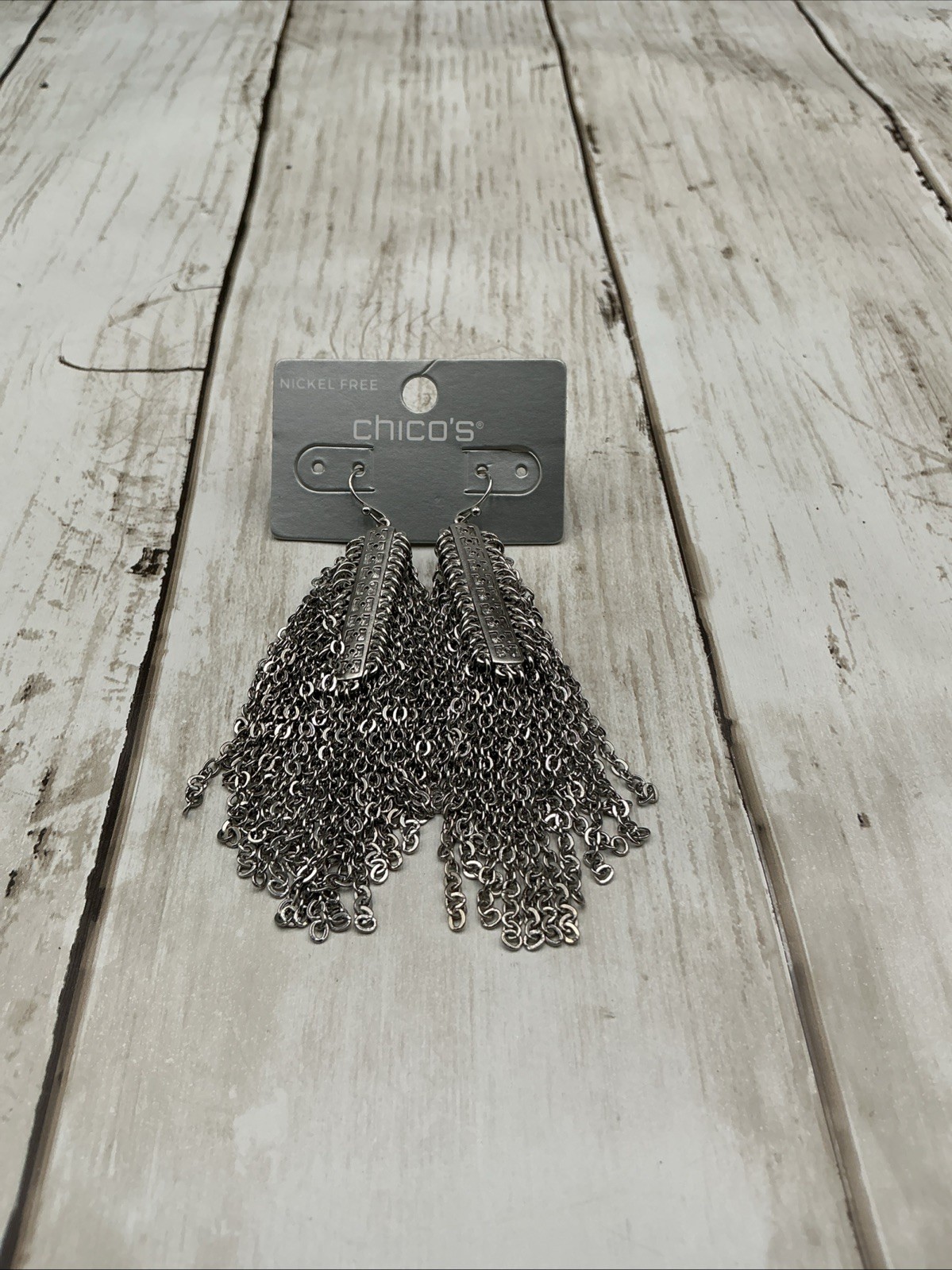 Chico's Silver Tone Metal Multi-Chain Tassel Dangle Statement Pierced Earrings