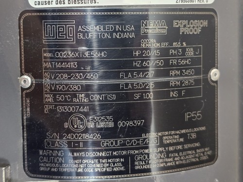 Weg AC Motor 00236XT3E56HC, 2 HP, 3450 RPM, 208-230/460VAC, 60Hz, 3Ph, 56HC - Imagen 4 de 10