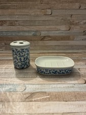 Croscill By Bathelle Set 2 Blue And White Flowers Toothbrush Holder  Soap Dish