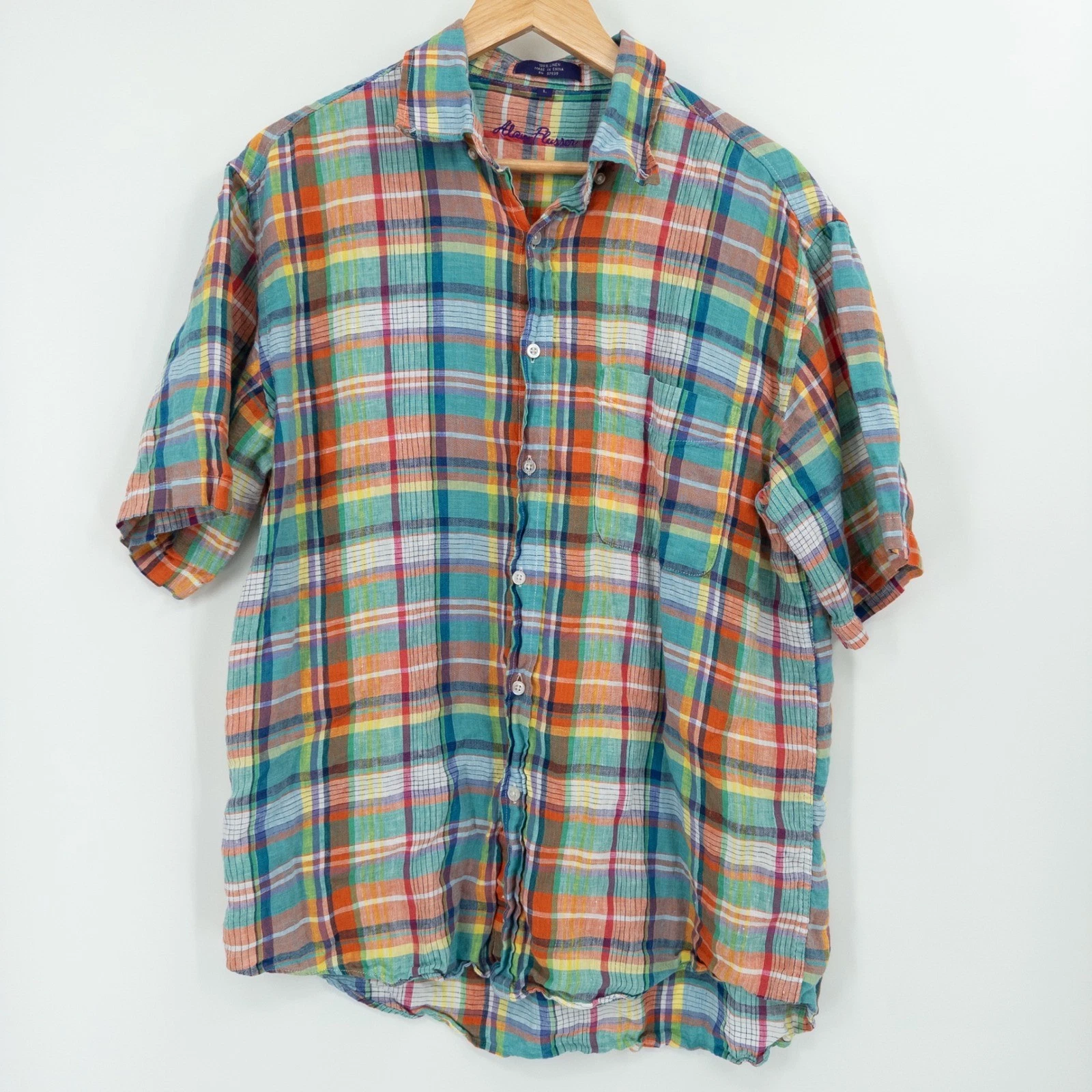 Alan Flusser Shirt Mens L Colorful Rainbow Madras Linen Short Sleeve Preppy FUn