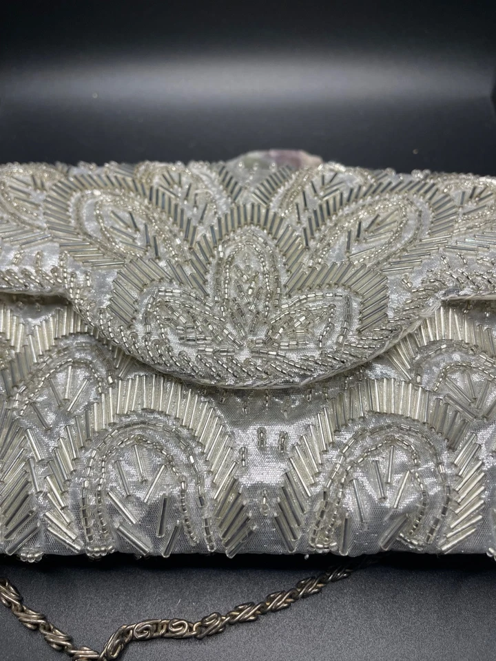 Beaded Silver Satin Clutch Purse Vintage La Regale Ltd Handmade China - Image 3 of 4