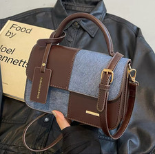 Women Handbag Shoulder Crossbody Bag Leather Denim Style Brown and Blue