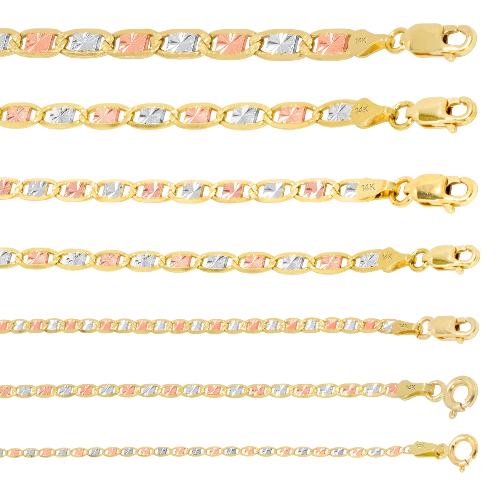Bracciale Collana Catena Valentino Oro Giallo Rosa Bianco 14K 1 5mm 6mm 7" 26"