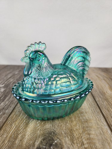 Teal Carnival Glass Rooster on Nest/Basket - Lidded Candy Dish