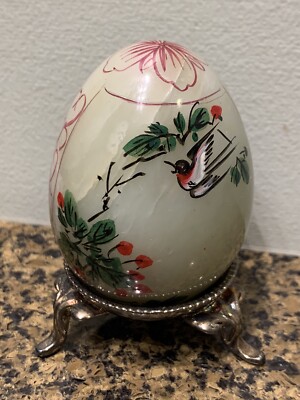 3  Vintage Hand Painted Green Jade Stone Egg Bird Nature Scene With Metal Stand