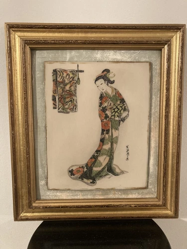 Vintage Hand Painted Etching on Resin Japanese Woman by Janet Edris