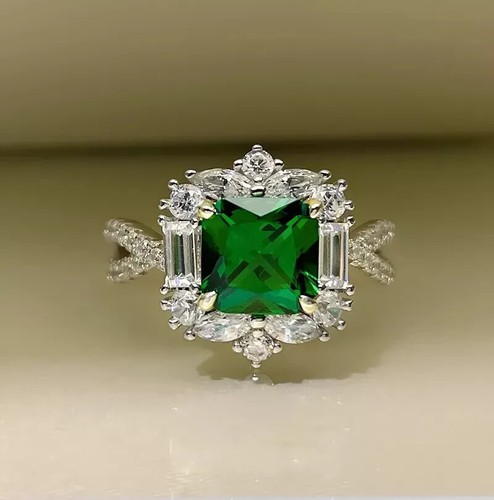 Art Deco Vintage Style 3Ct Asscher Cut Emerald 14K White Gold FN Engagement Ring - 第 1/5 張圖片