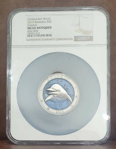 2019 NGC MS 69 BARBADOS 3oz Silver $5 "DOLPHIN" Antiqued