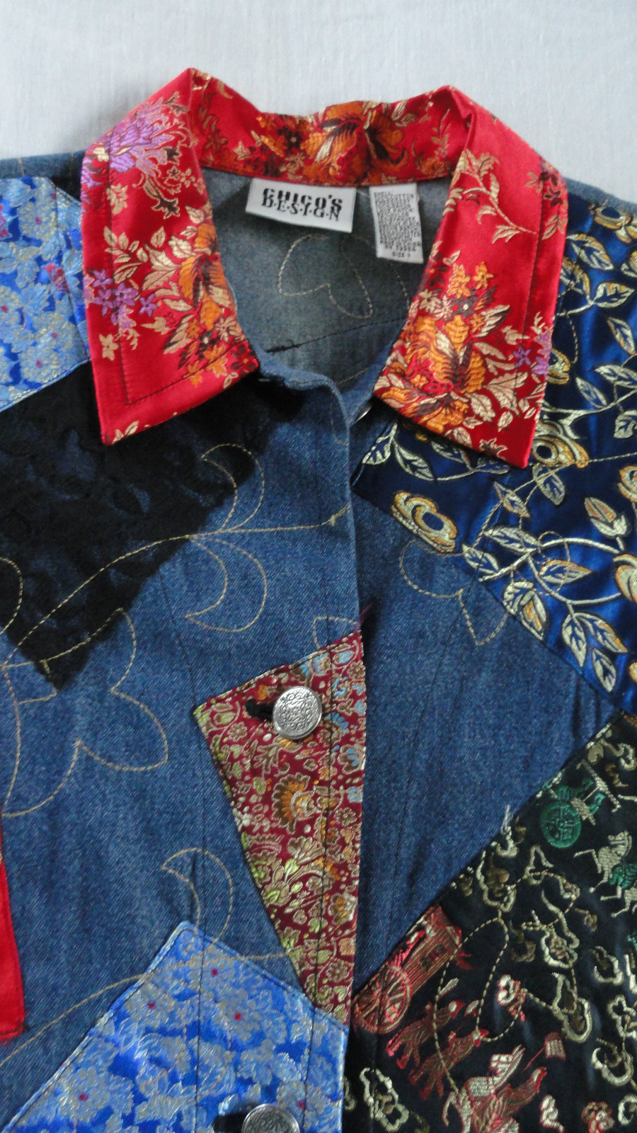 Chico's Asian Silk Patchwork Denim Jacket Misses … - image 2