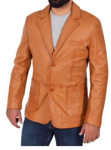 Men's Real Sheep Skin Patch Pocket Blazer Genuine Soft Napa Leather Tan Coat - Afbeelding 1 van 6
