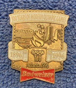 Budweiser, 100 years of modern Olympics, 1896-1996, Enameled clutch back pin