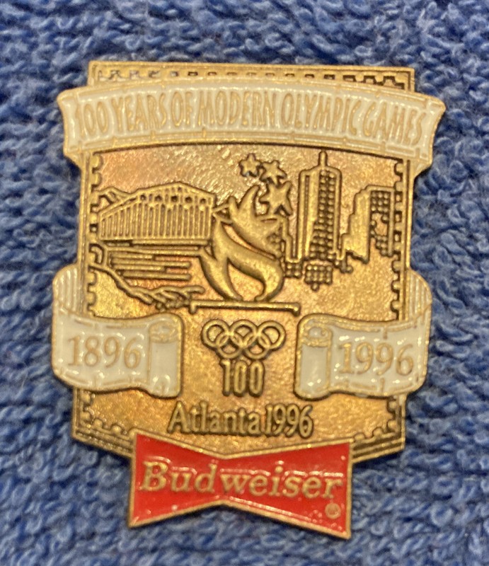 Budweiser, 100 years of modern Olympics, 1896-1996, Enameled clutch back pin