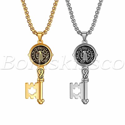 Men's Religious Saint St Benedict Stainless Steel Easter Pendant Chain Necklace