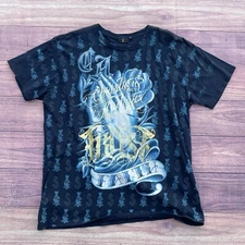 Y2K Christian Audigier Shirt Faith Praying Hands AOP Rhinestones Sz XXL Ed Hardy