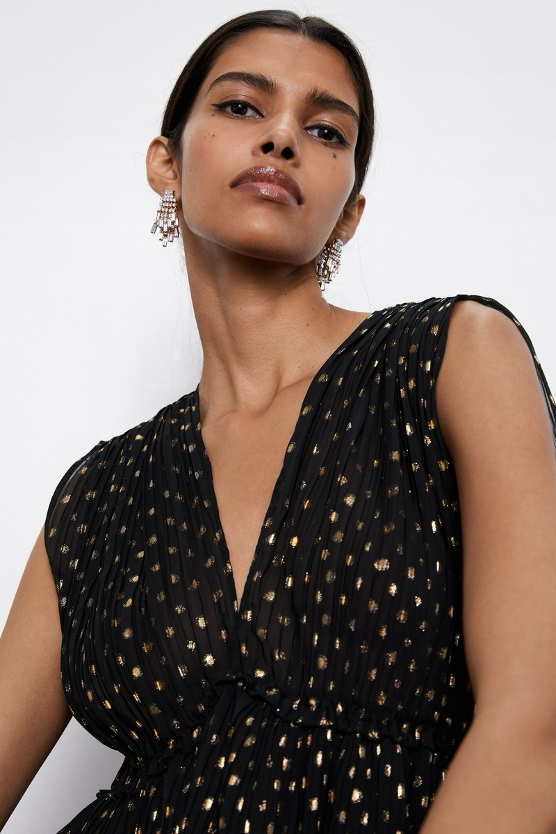 NWT ZARA PLEATED POLKA DOT METALLIC GOLD DRESS BLACK M MEDIUM | eBay