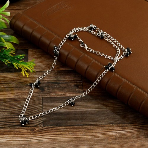 925 Sterling Silver Gemstone Jewelry Natural Black Onyx Beaded Chain Necklace - Picture 2 of 6