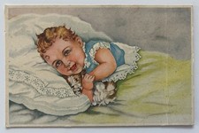1937 Baby with Puppy Dog Illustration PSR Latvia Vintage Postcard