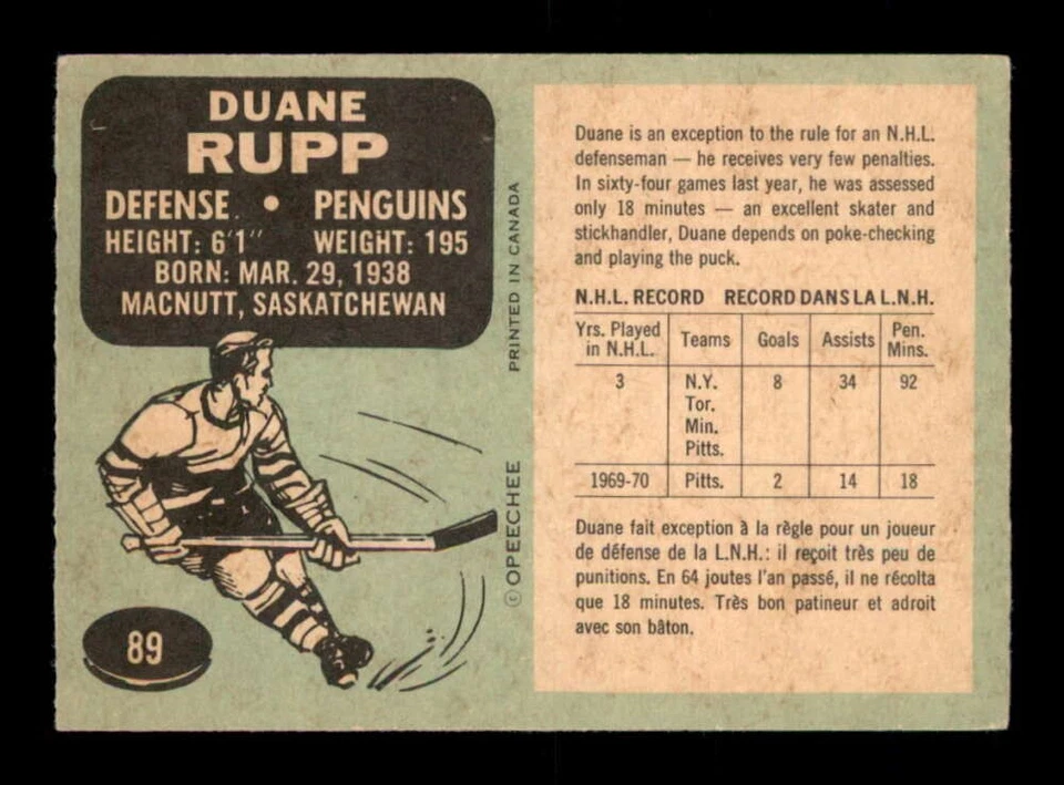 1970 O-Pee-Chee #89 Duane Rupp   VG/VGEX X3569662 - Image 2 of 3