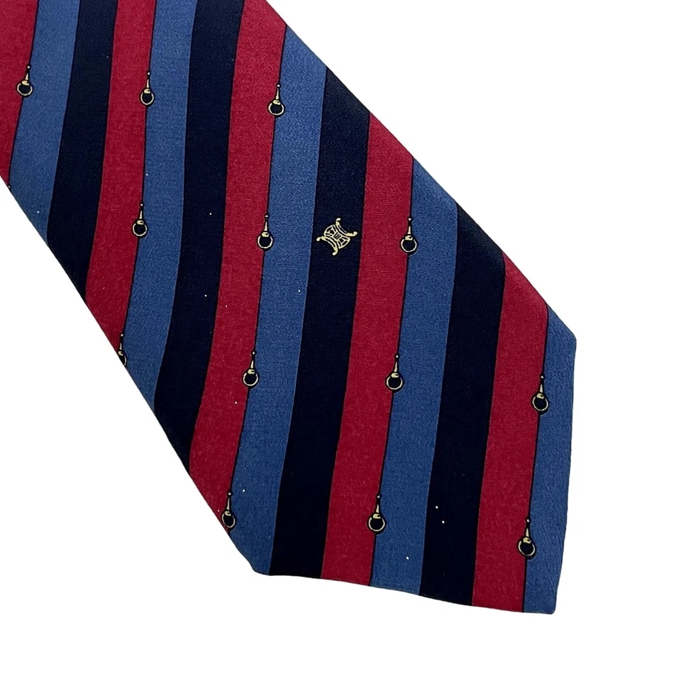 Celine Paris Luxury Designer Necktie Gold Red Blue Striped Logo Repp - Image 2 of 4