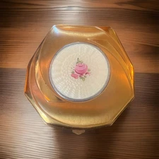 Vintage Elgin Guilloche Rose & Enamel Art Deco Compact