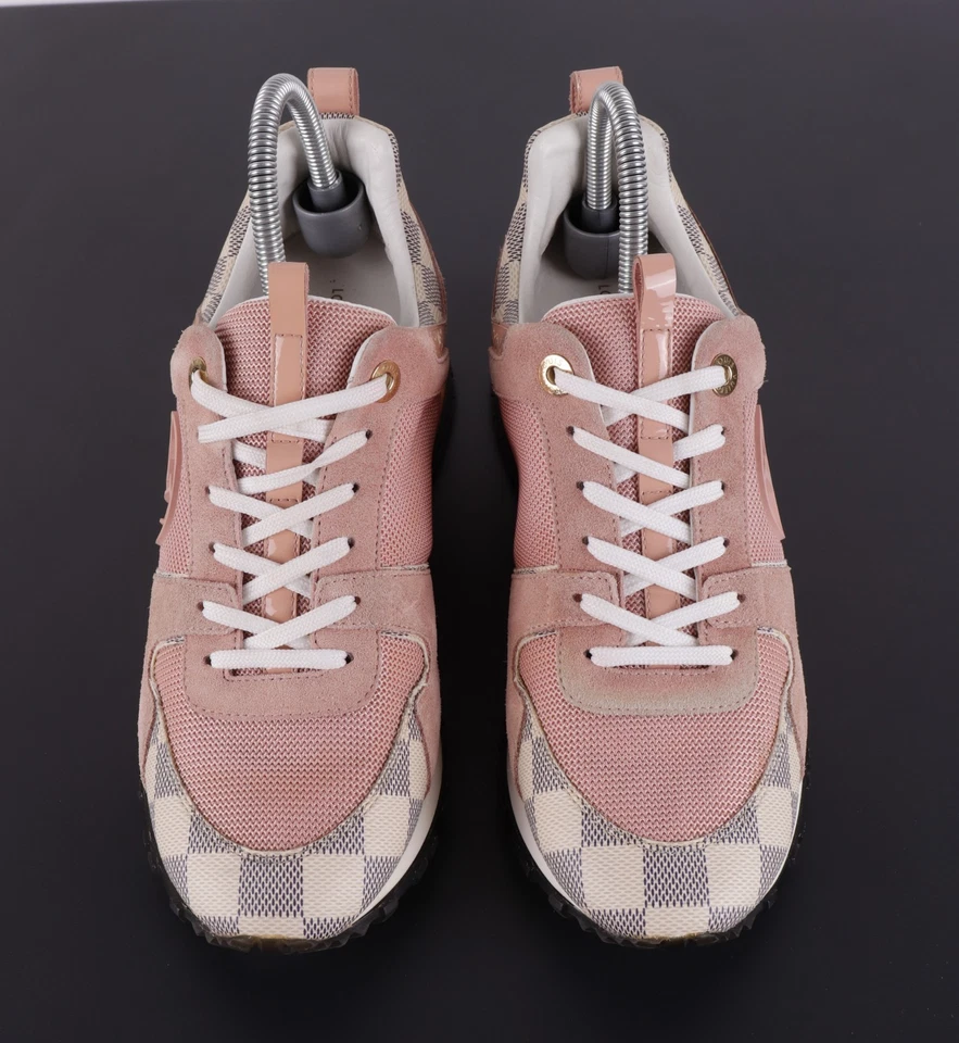 LOUIS VUITTON Size 37.5 Run Away Pink Suede Ivory Damier Azur Canvas Sneakers - Image 2 of 4