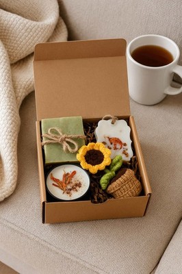 Self Care Package, Thank You Gift Box   Crochet Sunflower, Handmade Soap, Eco Fr