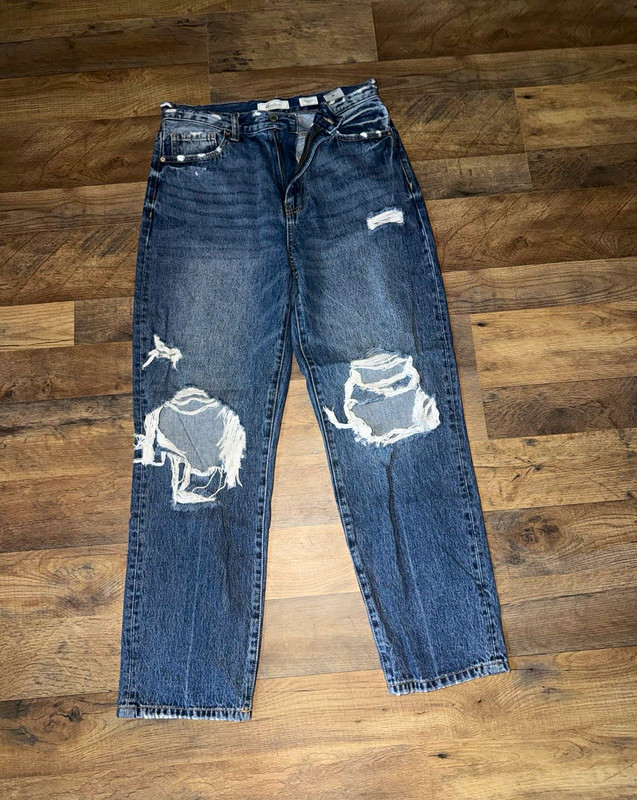 KanCan Women’s High Rise Distressed Blue Denim Mom Jeans Slim Fit 5-Pocket