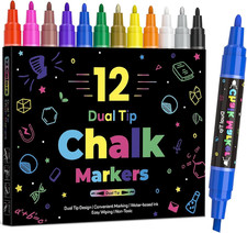 12 Dual Tip Liquid Chalk Markers - Erasable Marker Pens for Blackboard, Chalkboa