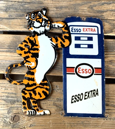 VINTAGE 14x12.5" ESSO EXTRA TIGER GASOLINE MOTOR OIL PUMP STATION PORCELAIN SIGN