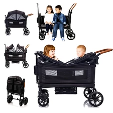Wagon Stroller for 2 Kids & Cargo-Travel Stroller Push-Pull Double Wagon Lightwe