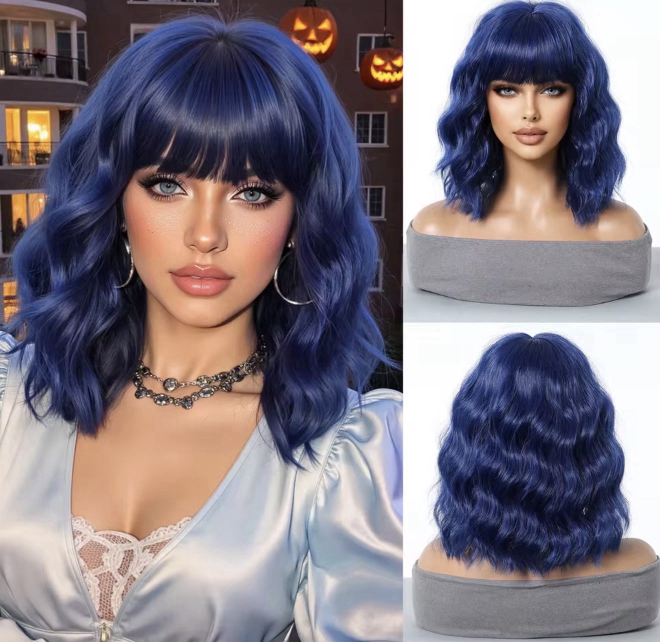Perruque synthétique bleu à frange wig femme 35cm cheveux courts ondulés