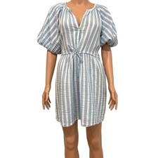 Old Navy medium puff sleeve tie waist striped shirt dress pockets D2 3118