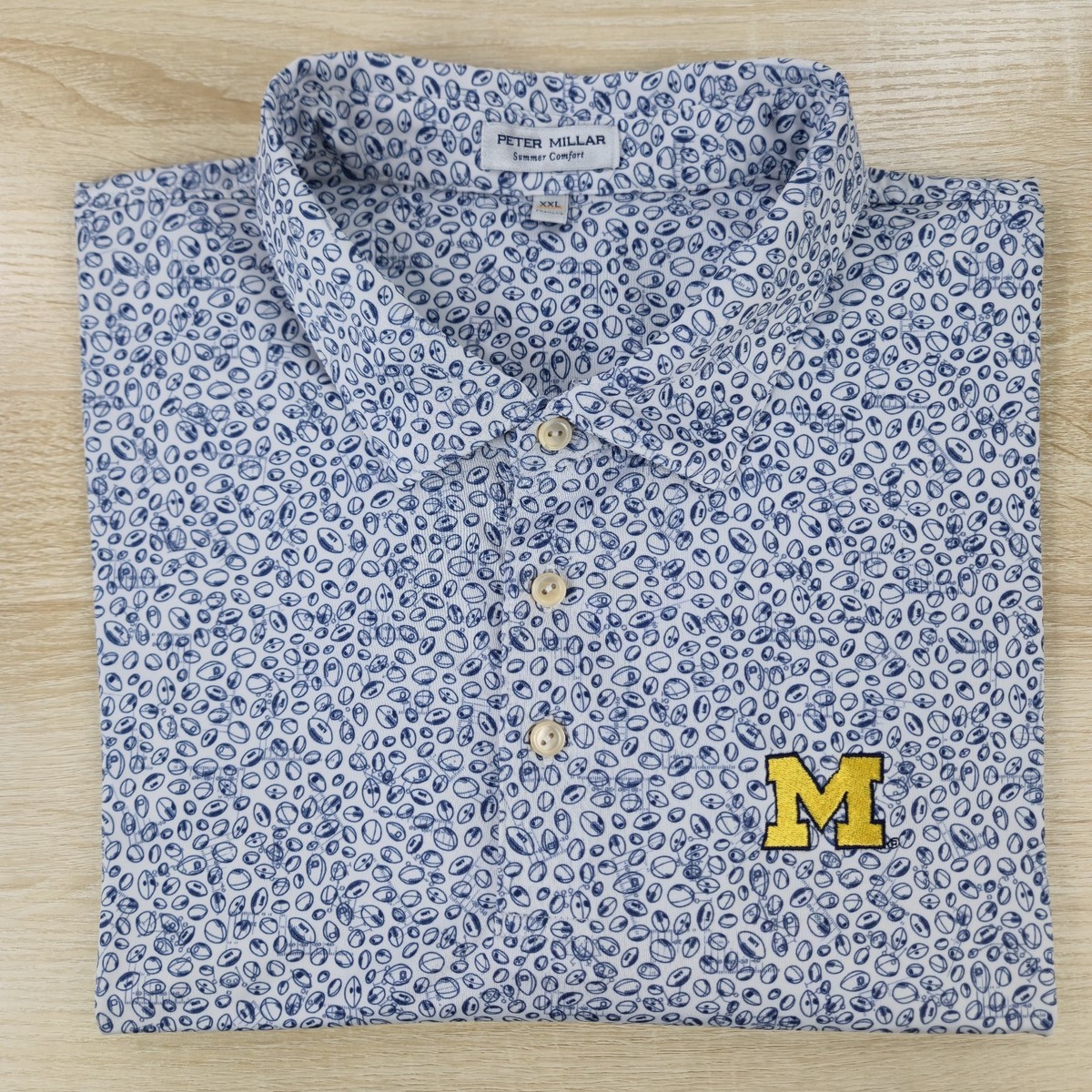 michigan dress shirt Cutter & Buck Michigan Wolverines Advantage Eco Tri-Blend Pique Mens Long Sleeve Knitted Button Up Shirt in Liberty Navy