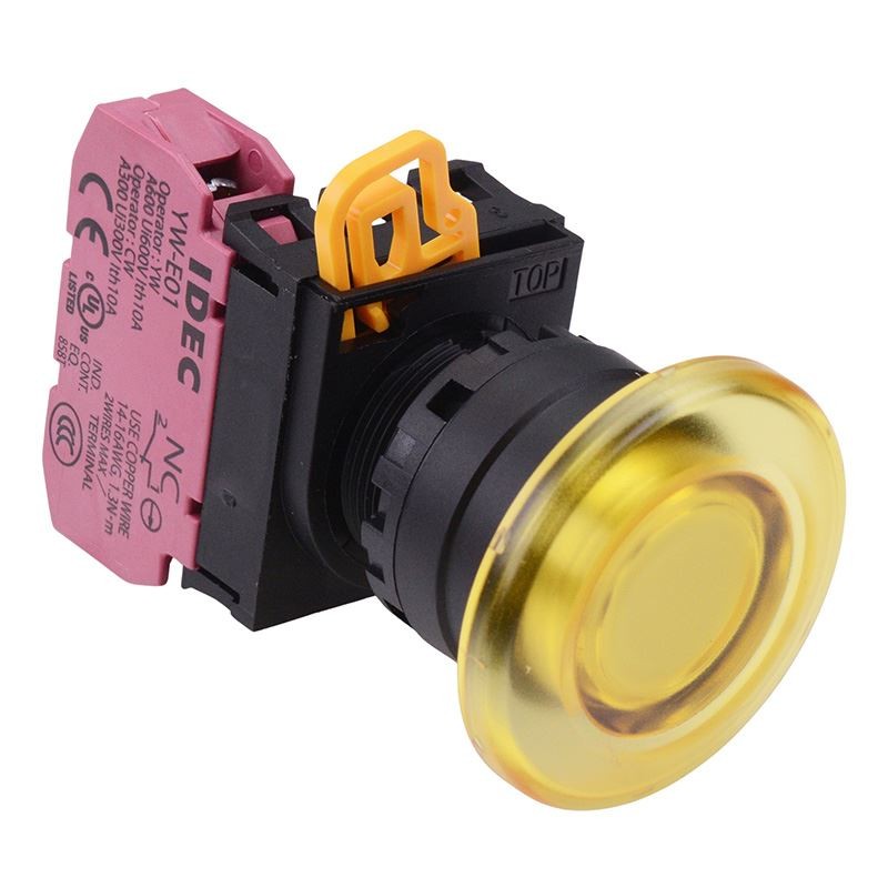 IDEC Yellow 22mm Mushroom Maintained Push Button Switch NC IP65 YW1L-A4E01Q0Y