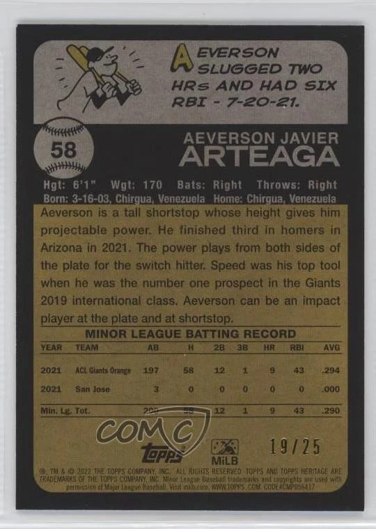 2022 Topps Heritage Minor League Edition Flip Stock /25 Aeverson Arteaga #58 - Image 2 of 2