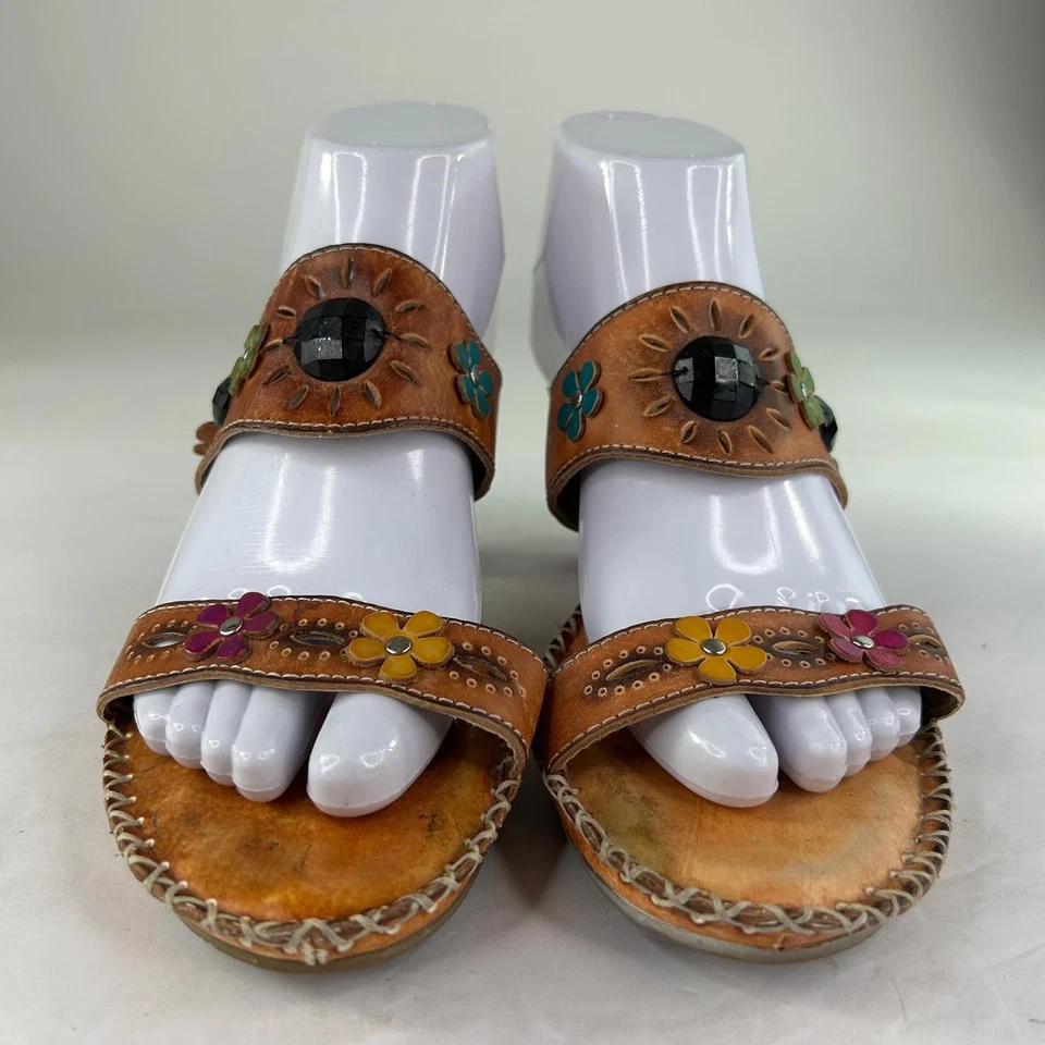 Spring Step VIA CA Brown Leather Floral Slide US 9.5 Kitten Heels Sandals Shoes  - Image 2 of 4