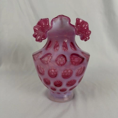 Vintage 1950’s Fenton Cranberry Coin Dot Ruffle Edge Vase 7.25” Tall