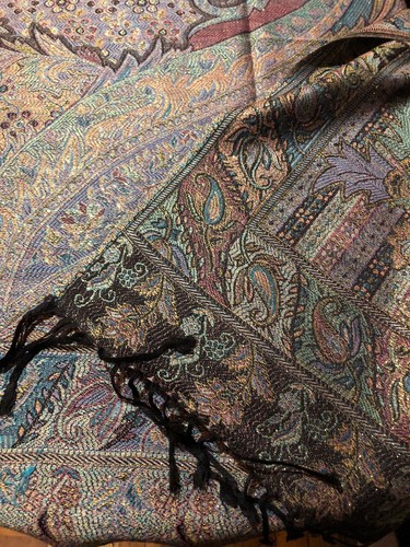 Envoltura bufanda pashmina brocado cachemir dorado metálico pastel vintage - Imagen 5 de 9