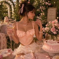 Sugar Thrillz Pink Satin Corset Top Coquette Balletcore Lace Up