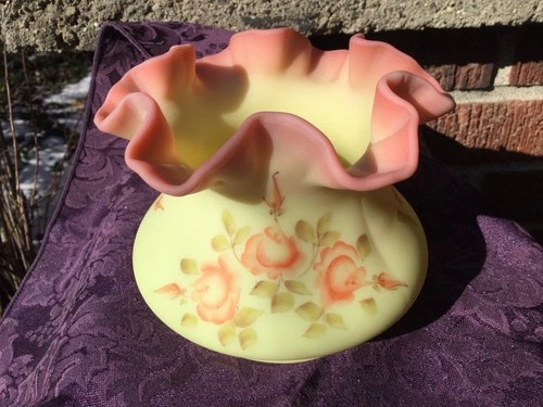 Fenton Burmese Hand Painted And Signed Roses Ruffled Vase