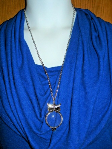Magnifying Owl Pendant on a Silver Plated Textured 28" Chain Necklace - Picture 1 of 5