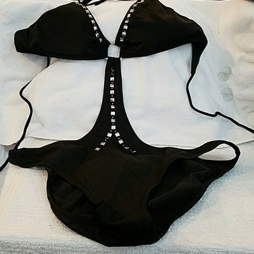 Xhilaration Women's Monokini Bikini Swimsuit Bathing Silver Studded Black L NWT - Picture 10 of 11