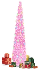 5 FT Pencil Christmas Tree with LED Lights, Collapsible Artificial Sequin Pop Up