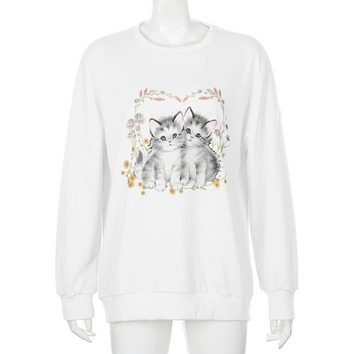 Floral Twin Cat Pullover Vintage Hippie Loose Oversized Kitten White Sweater - Picture 13 of 15