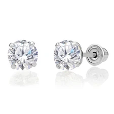 10K Solid White Gold Solitaire Round CZ Sleeper Stud Earrings Screw-back 2mm-8mm