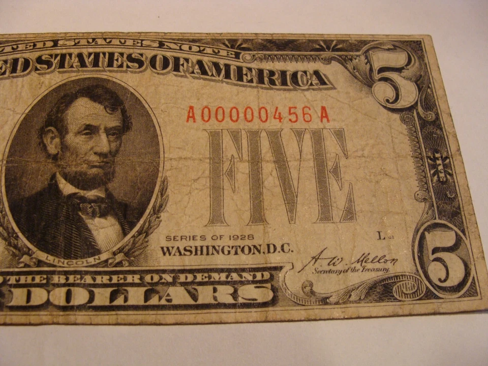 1928 $5 Nota de Selo Vermelho dos Estados Unidos - Número de série # A00000456A - Imagem 3 de 4