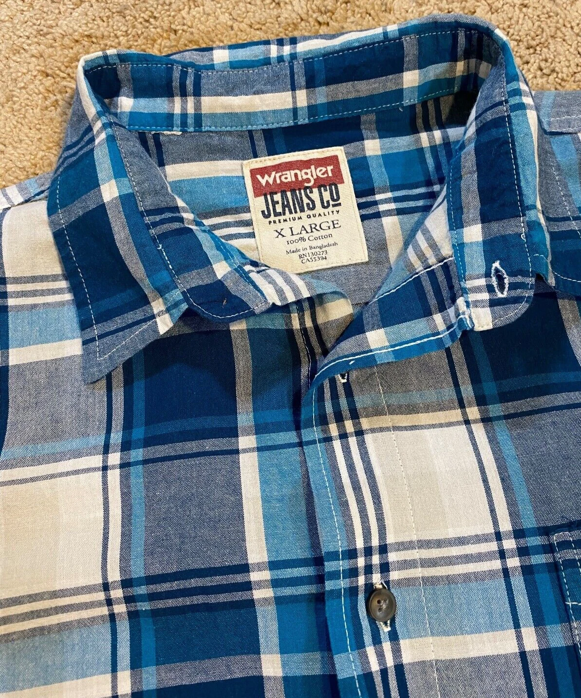 Wrangler Mens Blue/Teal Plaid ButtonUp Long Sleeve Shirt Flex Comfort Cotton XL