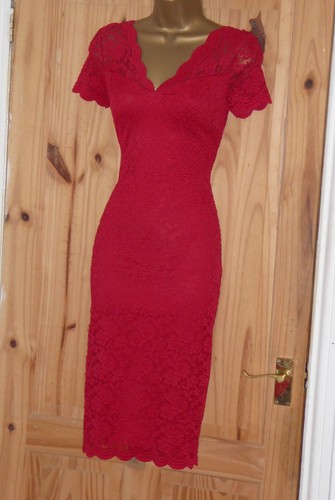 Stretchiges rotes Vintage 40er 50er Spitze Pencil Wiggle Abend Cocktail Kleid Gr. 20