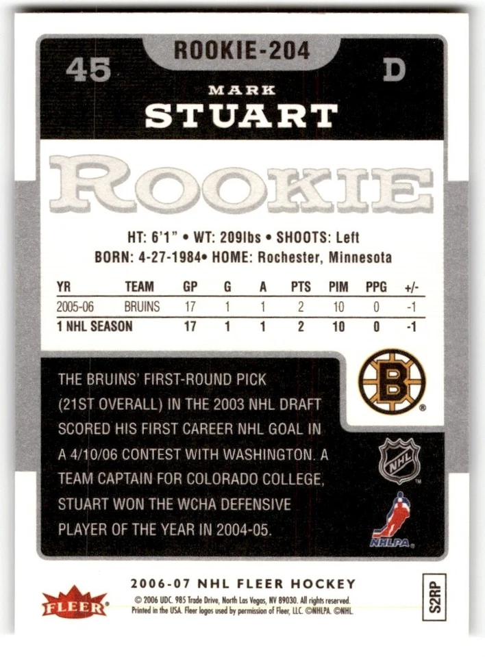 Mark Stuart 2006-07 Fleer Rookie #204 Boston Bruins - Image 2 of 2