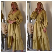 H&M Dress Belted Balloon Sleeve Dress Olive Green New RUNS BIG MEASUREMENTS 